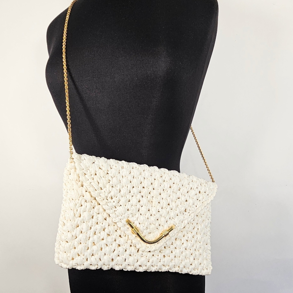 Vintage Rodo White Woven Convertible Clutch On Gold Chain